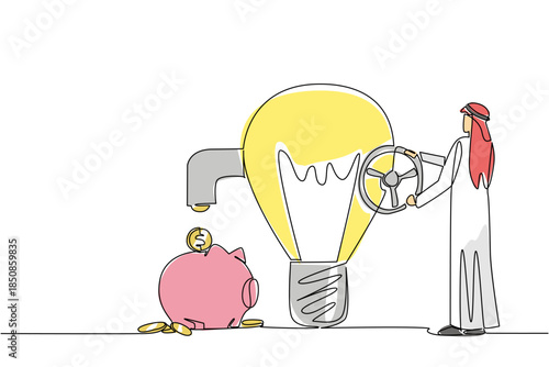 Single continuous line drawing Arab businessman turns the tap on lightbulb releases coins, piggy bank holds it. Symbol of innovative policy National Creativity Day. One line design vector illustration