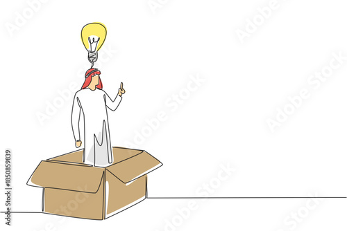 Single one line drawing Arab businessman inside big cardboard box making gesture of gets idea. Solution from problem solver. Smart. National Creativity Day. Continuous line design graphic illustration