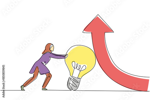 Continuous one line drawing Arab businesswoman pushes lightbulb that holds an arrow that it turns upwards. Best effort to level up. National Creativity Day. Single line draw design vector illustration