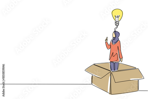 Single one line drawing Arab businesswoman inside big cardboard box making gesture of gets idea. Get amazing inspiration. Smart. National Creativity Day. Continuous line design graphic illustration