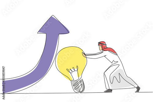 Continuous one line drawing Arab businessman pushes a lightbulb that holds an arrow that it turns upwards. Time for excess profit. National Creativity Day. Single line draw design vector illustration