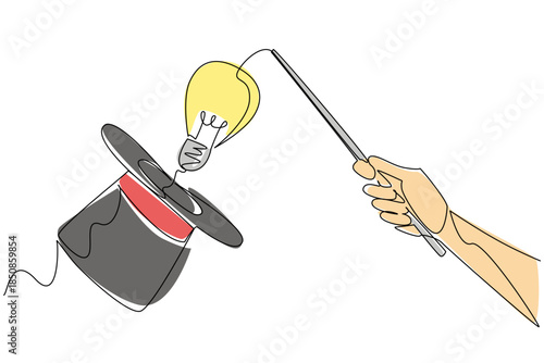 Single continuous line drawing hand holds magic wand and points it at magic hat emits a lightbulb. Performances add value to creativity. National Creativity Day. One line design vector illustration
