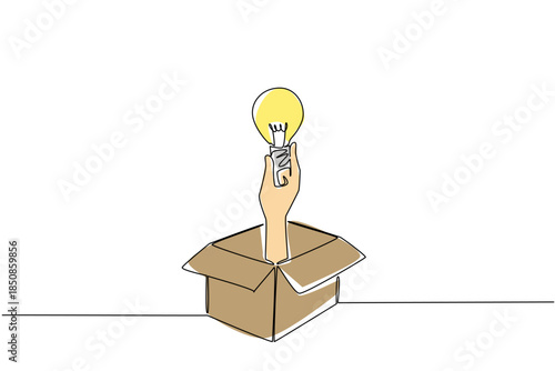 Single one line drawing hand comes out of cardboard holding bulb lamp. Crossing the boundaries for limitless creativity. Creative. National Creativity Day. Continuous line design graphic illustration