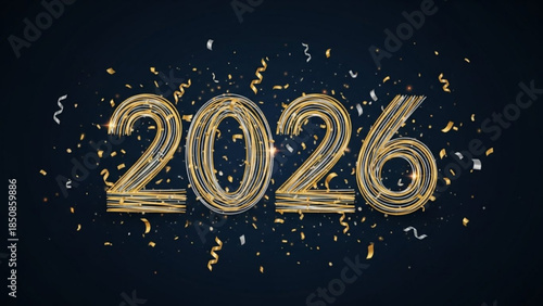 Gold confetti and ribbons celebrate the year 2026 on dark background