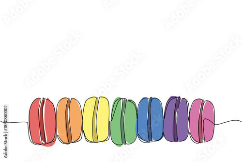 Single continuous line drawing colorful macarons lined up. Visualizations such as digital advertising. The colorful food arouses curiosity. National Macaron Day. One line design vector illustration