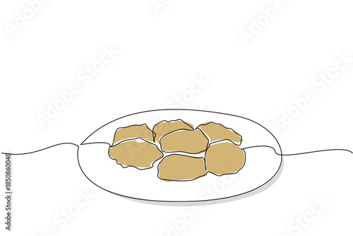 Single continuous line drawing macaroon on a small round plate. Typical Italian food from the past. Sweet snacks. Simple breakfast menu. National Macaroon Day. One line design vector illustration