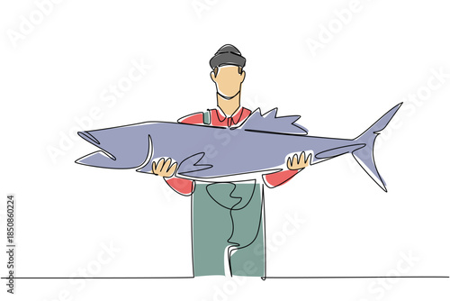 Continuous one line drawing a man wearing a jumpsuit and hat holding a big fish. Very satisfying catch. High protein sea fish. Work. Fisherman Hold Fish. Single line draw design vector illustration