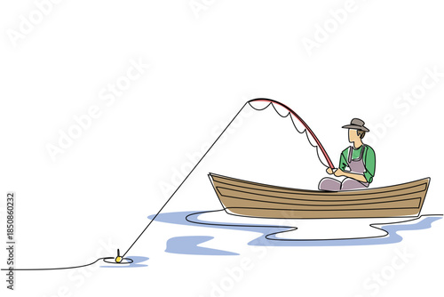 Single one line drawing a man wearing a hat sitting in wooden boat while fishing. Catching the target slowly. The old traditional way. Fisherman Hold Fish. Continuous line design graphic illustration