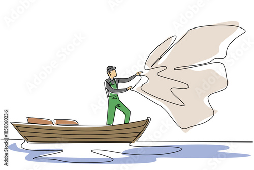 Single continuous line drawing a man wear a vest and hat stands on a wooden boat while casting a net. It is the month of the fish harvest. Fisherman Hold Fish. One line design vector illustration