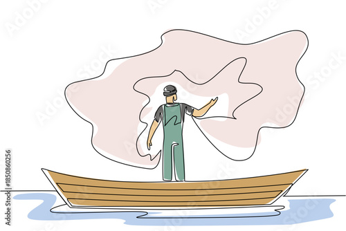 Single one line drawing a man wearing a hat standing on a wooden boat while casting a net. Serious preparation before harvesting. Fisherman Hold Fish. Continuous line design graphic illustration