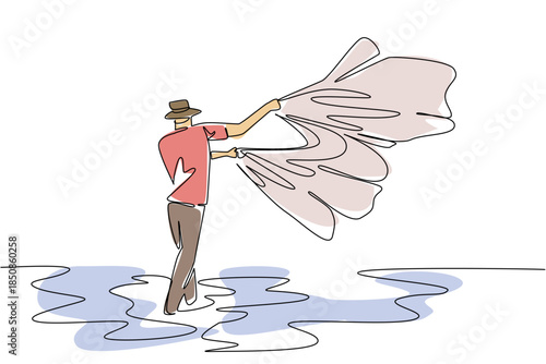 Single continuous line drawing a man wearing hat standing in the sea throwing a net into the middle of the sea. Widening the net to catch fish. Fisherman Hold Fish. One line design vector illustration