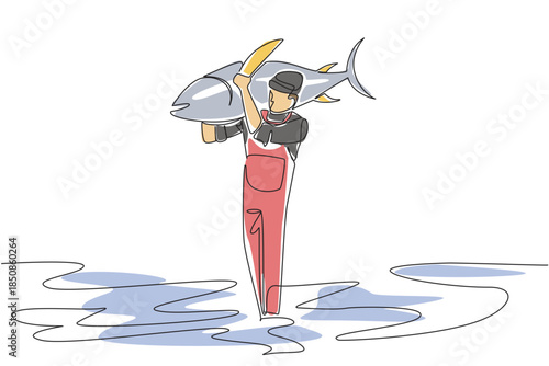 Single one line drawing a man wear jumpsuit and hat lift big fish on shoulder and walks on seashore. Satisfying fish catch. Persistent. Fisherman Hold Fish. Continuous line design graphic illustration