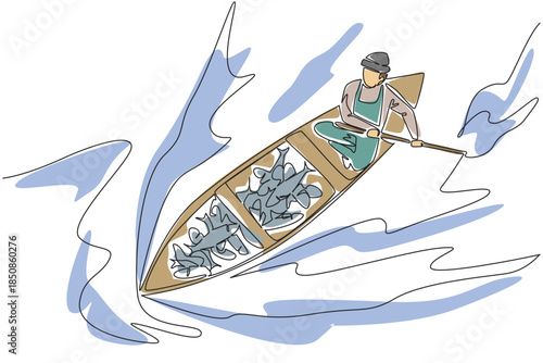 Single continuous line drawing a man wear jumpsuit and hat rowing a wooden boat with lots of fish in it. Abundant fish harvest. Lots of profit. Fisherman Hold Fish. One line design vector illustration