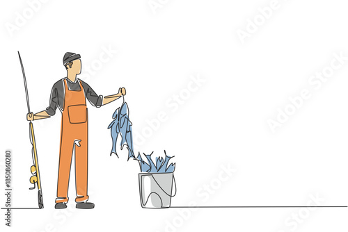 Continuous one line drawing a man wear jumpsuit and hat holds fishing rod and fish and bucket full of fish. The result of persistence. Fisherman Hold Fish. Single line draw design vector illustration