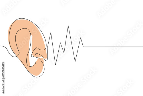 Single one line drawing ear with sound wave effect. The sense of hearing. Maintain optimal function. Noise impairs function. National Save Your Hearing Day. Continuous line design graphic illustration