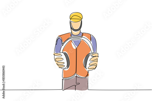 Single continuous line drawing construction worker wear vest and helmet, holds headphones with both hands. Noise cancelling device. National Save Your Hearing Day. One line design vector illustration