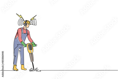 Single one line drawing male road repair worker wears PPE and headphones while holds road demolition tool. Work procedures. National Save Your Hearing Day. Continuous line design graphic illustration