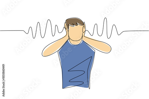 Continuous one line drawing a man in casual clothes holds ears with both hands and sound wave effects. Do not like noise. National Save Your Hearing Day. Single line draw design vector illustration