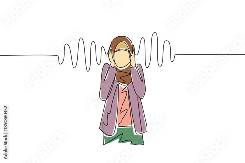 Single continuous line drawing an Arab woman holds ears with both hands and sound wave effects. Noise pollution is very disturbing. National Save Your Hearing Day. One line design vector illustration