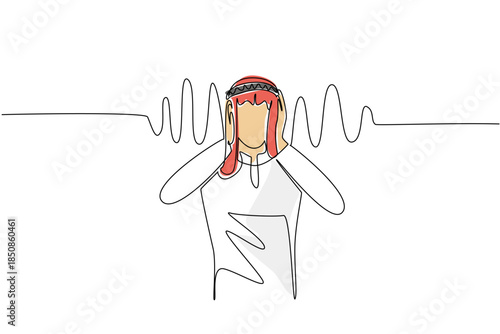 Single one line drawing an Arab man holds ears with both hands and sound wave effects. Prevent loud noises from being heard. National Save Your Hearing Day. Continuous line design graphic illustration