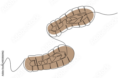 Single one line drawing boot print. Footsteps as witnesses of history. Hiking shoes with a distinctive pattern. Anti slip. Waterproof. National Trails Day. Continuous line design graphic illustration