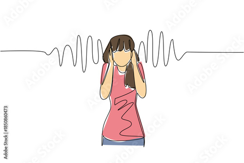 Single continuous line drawing a young woman in casual clothes holds ears with both hands and sound wave effects. Dizzy with noise. National Save Your Hearing Day. One line design vector illustration
