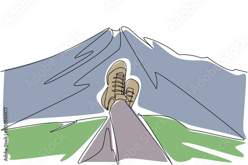 Continuous one line drawing feet wearing hiking shoes are relaxing stacked against a mountain background. Rest with a beautiful view. National Trails Day. Single line draw design vector illustration