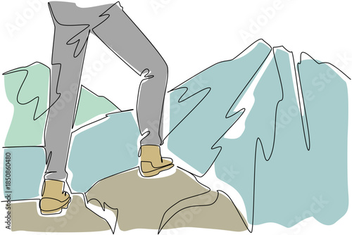 Single continuous line drawing feet standing on rocks with mountains in the background. Climbers take a break before continuing the climb. National Trails Day. One line design vector illustration
