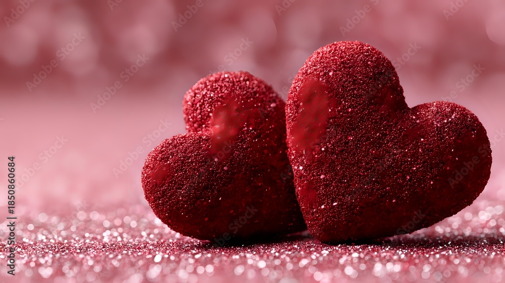 Obraz premium Two sparkling red glittery hearts on shimmering pink background for Valentine's Day romance love celebration greeting cards wedding anniversary.