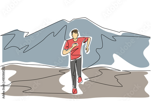 Single one line drawing a man running on a mountain track with mountains in the background. Running down the mountain. Healthy activity National Trails Day. Continuous line design graphic illustration