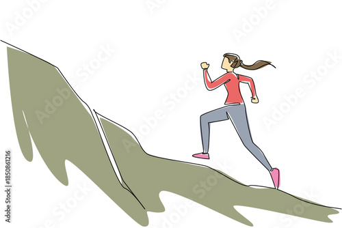 Single one line drawing a woman runs on a hilly track with a steep incline. Stretches stiff muscles. Routine activities. Training. National Trails Day. Continuous line design graphic illustration