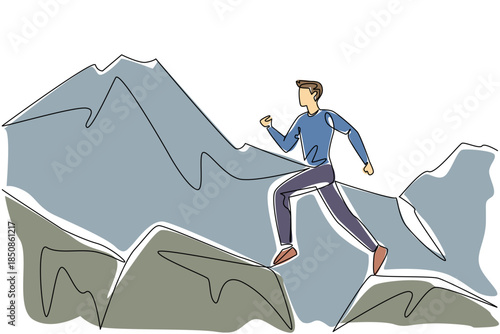 Single continuous line drawing a man running jumping from one large rock to another with a mountain backdrop. Strong marathon runner. Health. National Trails Day. One line design vector illustration