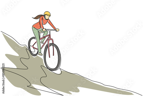 Continuous one line drawing a woman riding a trail bike down a hill with mountains in the background. Relying on extra focus. Biker. National Trails Day. Single line draw design vector illustration