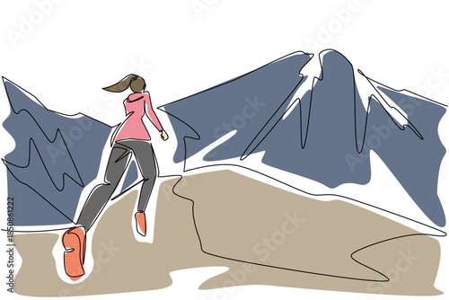 Single continuous line drawing a woman running on a mountain track. Stay enthusiastic even though it is holiday. Adventurer. Training. Jogging. National Trails Day. One line design vector illustration