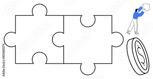 Collaboration concept. Puzzle pieces, dollar coin, and a person holding a sign business teamwork and innovative solutions. Collaboration drives partnerships and growth in industries. For branding