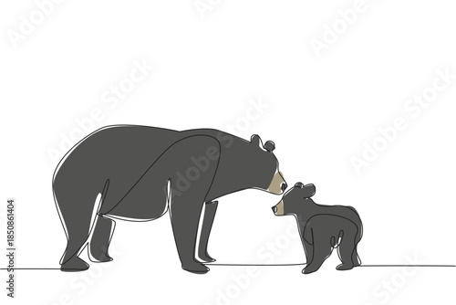 Single continuous line drawing the mother black bear was face to face with the cub, and kissed its head. Unique view at the zoo. Predator. National Black Bear Day. One line design vector illustration