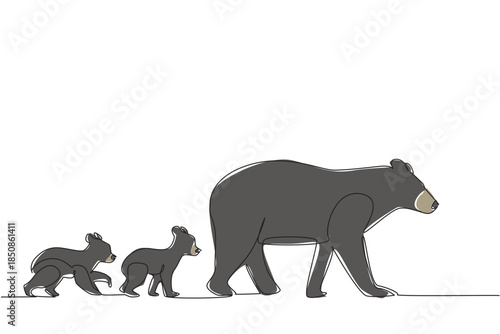 Single continuous line drawing mother black bear walking with 2 cubs walking following her mother behind. Teaching hunting. Predator. National Black Bear Day. One line design vector illustration