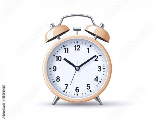 A classic light beige retro alarm clock with a white face and black numbers, isolated on a white background.