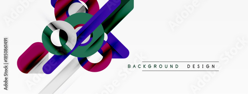 Abstract geometric shapes overlap, creating dynamic visual effect. White background emphasizes colorful design elements. Modern composition.