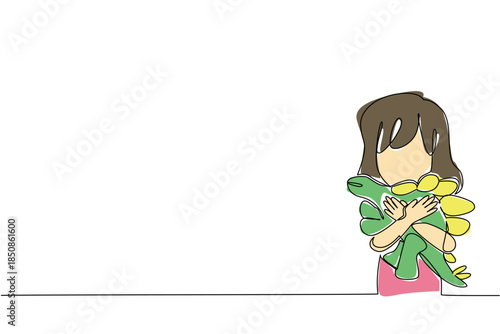 Single one line drawing a girl hugs a stegosaurus dinosaur doll and puts it on her chest. Playing with prehistoric animal toys. Exciting. Dinosaur Day. Continuous line design graphic illustration