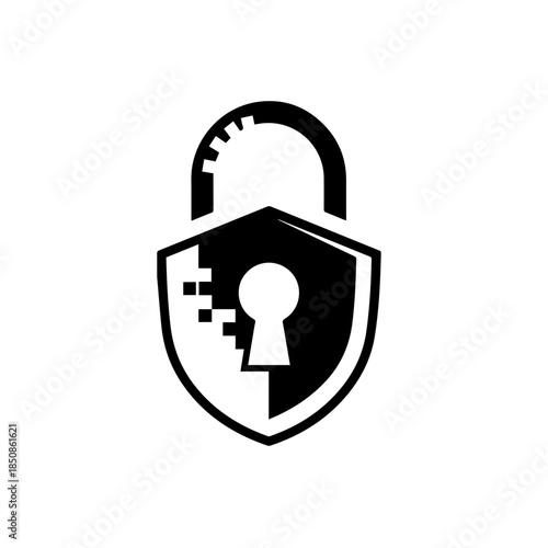 Open padlock on shield