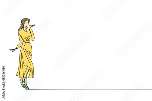 Continuous one line drawing a young woman dressed in a long dress is gesturing to give an air kiss. Beautiful. So charming and seductive. Wear a Dress Day. Single line draw design vector illustration