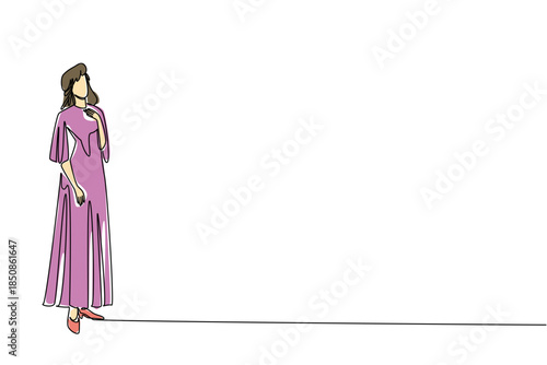 Single continuous line drawing a woman dressed in a long dress gestures with one hand on her chest. Beautiful and graceful woman. Fashionable. Wear a Dress Day. One line design vector illustration