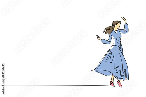 Single one line drawing a woman dressed in a long dress with a gesture of raising her hand. Comfort that allows free movement. Graceful. Wear a Dress Day. Continuous line design graphic illustration