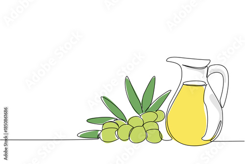 Single one line drawing olive oil in a glass jug and around the glass there are olives and leaves. The best quality olive oil. Cosmetic. National Olive Day. Continuous line design graphic illustration