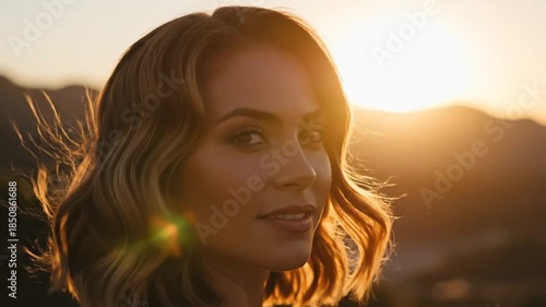 Elegant woman in golden light during sunset outdoors, natural beauty and wellness, cinematic video