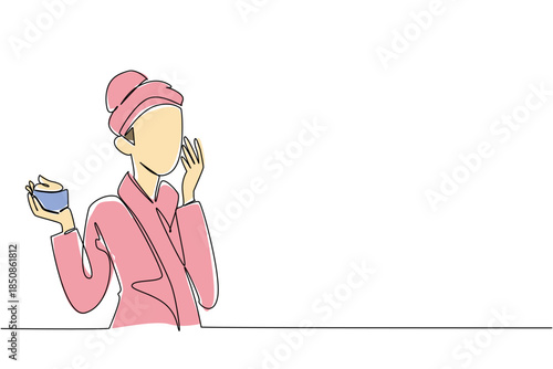 Single continuous line drawing a woman wearing a towel robe doing facial treatment. Apply night cream before bed. Regenerates skin. National Skincare Education Day. One line design vector illustration