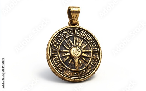 Sun Charm Pendant with Ancient Solstice Rune Engraving Isolated on White Background.