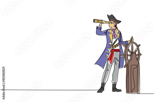 Single continuous line drawing pirate stands holds steering wheel uses monocular to monitoring. Observing navigation. Leading to gold. Do not Give Up the Ship Day. One line design vector illustration