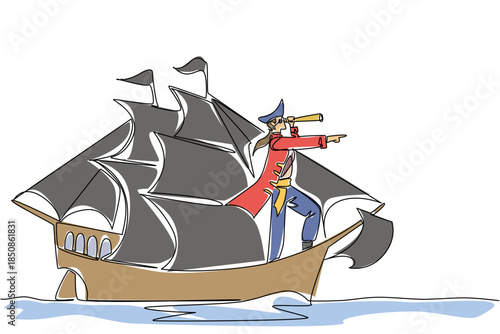 Single one line drawing pirate stands on a sailboat using a monocular while monitoring. Pirates prepare to devour other ships. Do not Give Up the Ship Day. Continuous line design graphic illustration